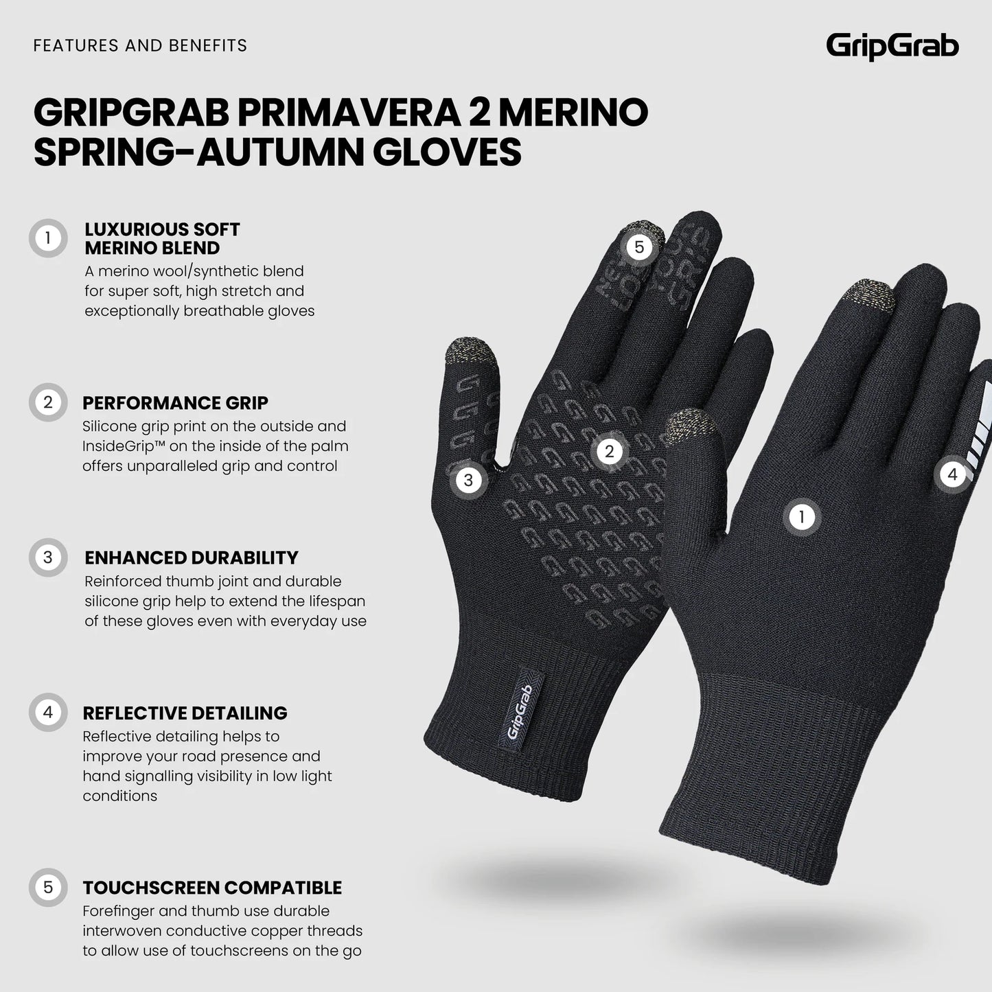 GRIPGRAB PRIMAVERA 2 MERINO SPRING AUTUMN Handsker Sort