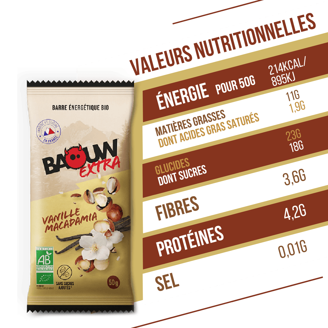 Energetická tyčinka BAOUW ORGANIC EXTRA Vanilla-Macadamia (50g)