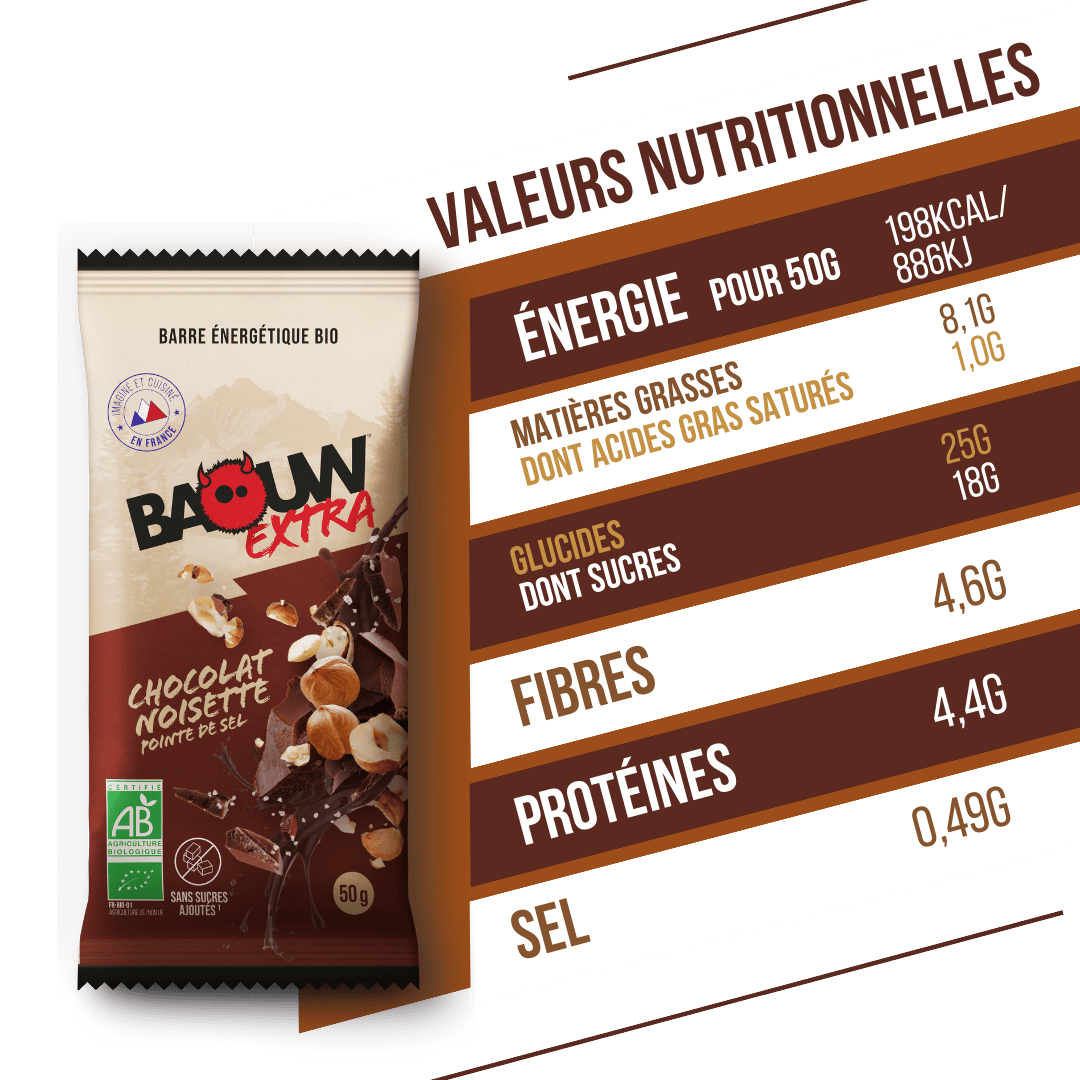 Energetická tyčinka BAOUW ORGANIC EXTRA čokoláda s lískovými oříšky (50g)