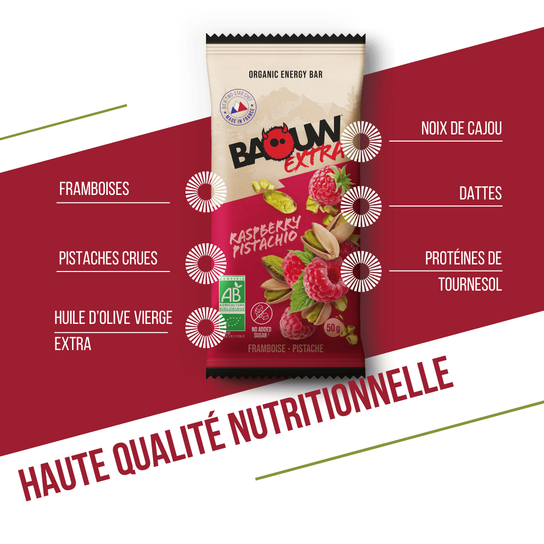 Energetická tyčinka BAOUW ORGANIC EXTRA malina-pistácie (50g)