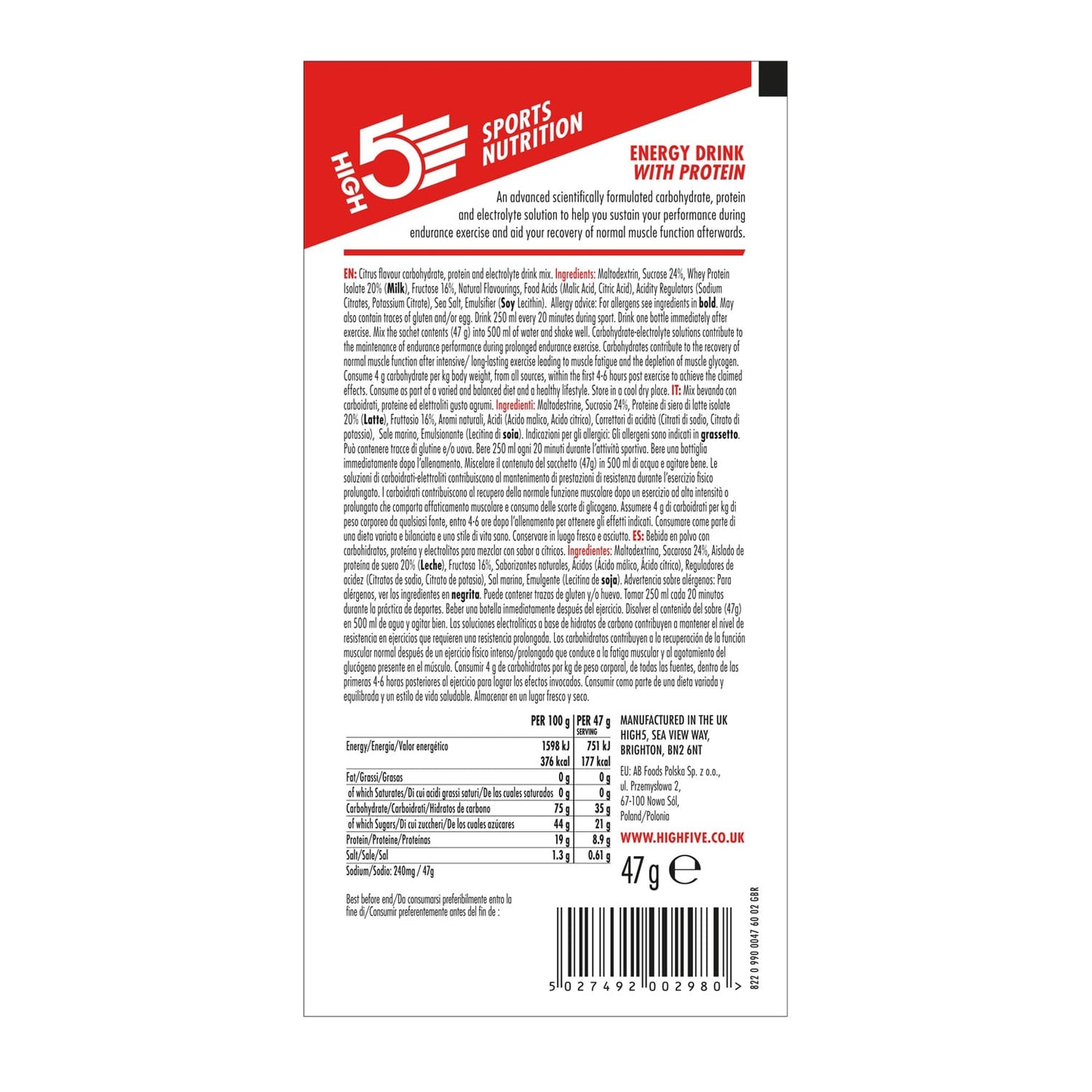 Boisson Énergétique HIGH5 ENERGY DRINK PROTEIN (47g) Citron