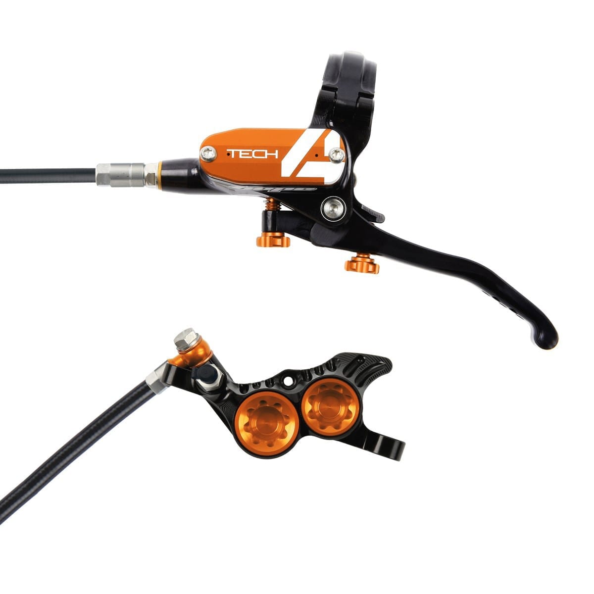 Ett par HOPE TECH 4 V4 Orange bromsar