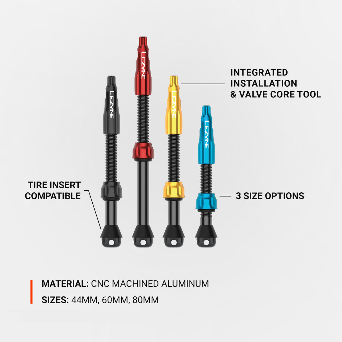 Lot de 2 Valves Tubeless LEZYNE CNC PRO 44mm Rouge