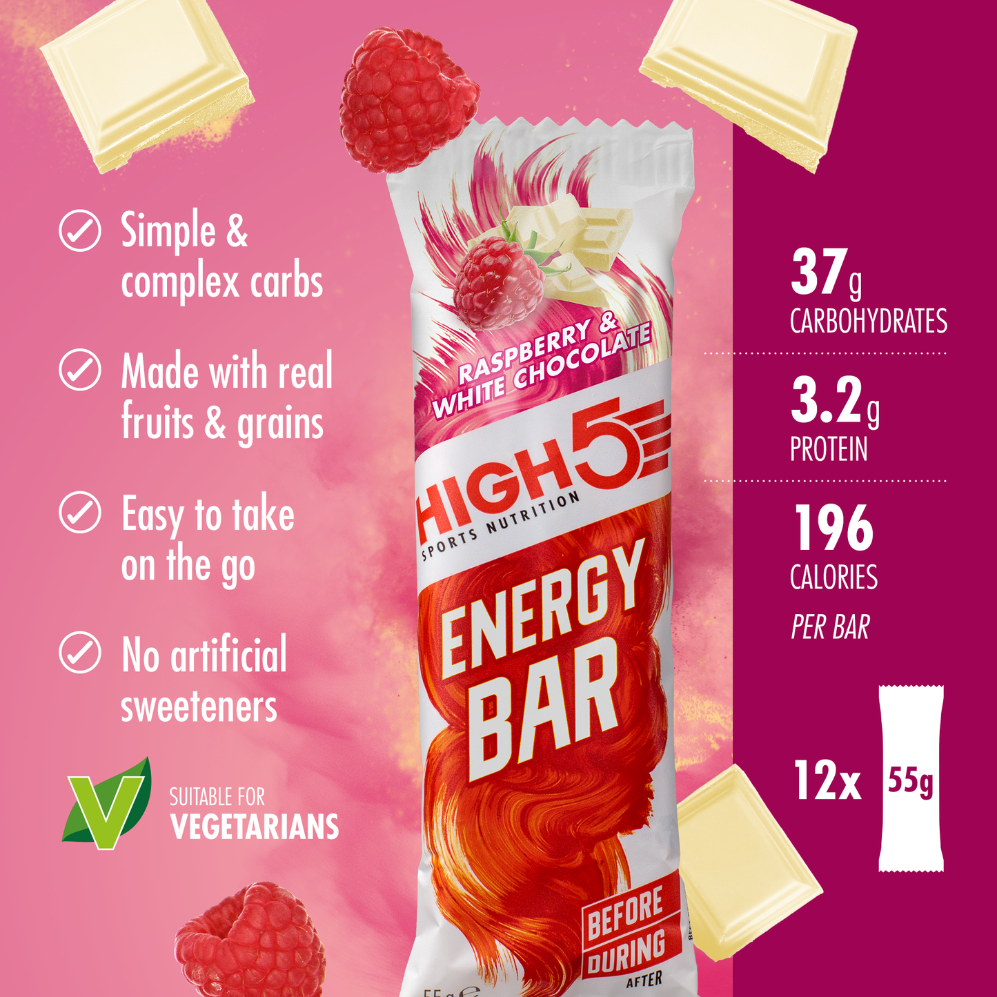 HIGH5 ENERGY BAR (55 g) Hindbær hvid chokolade