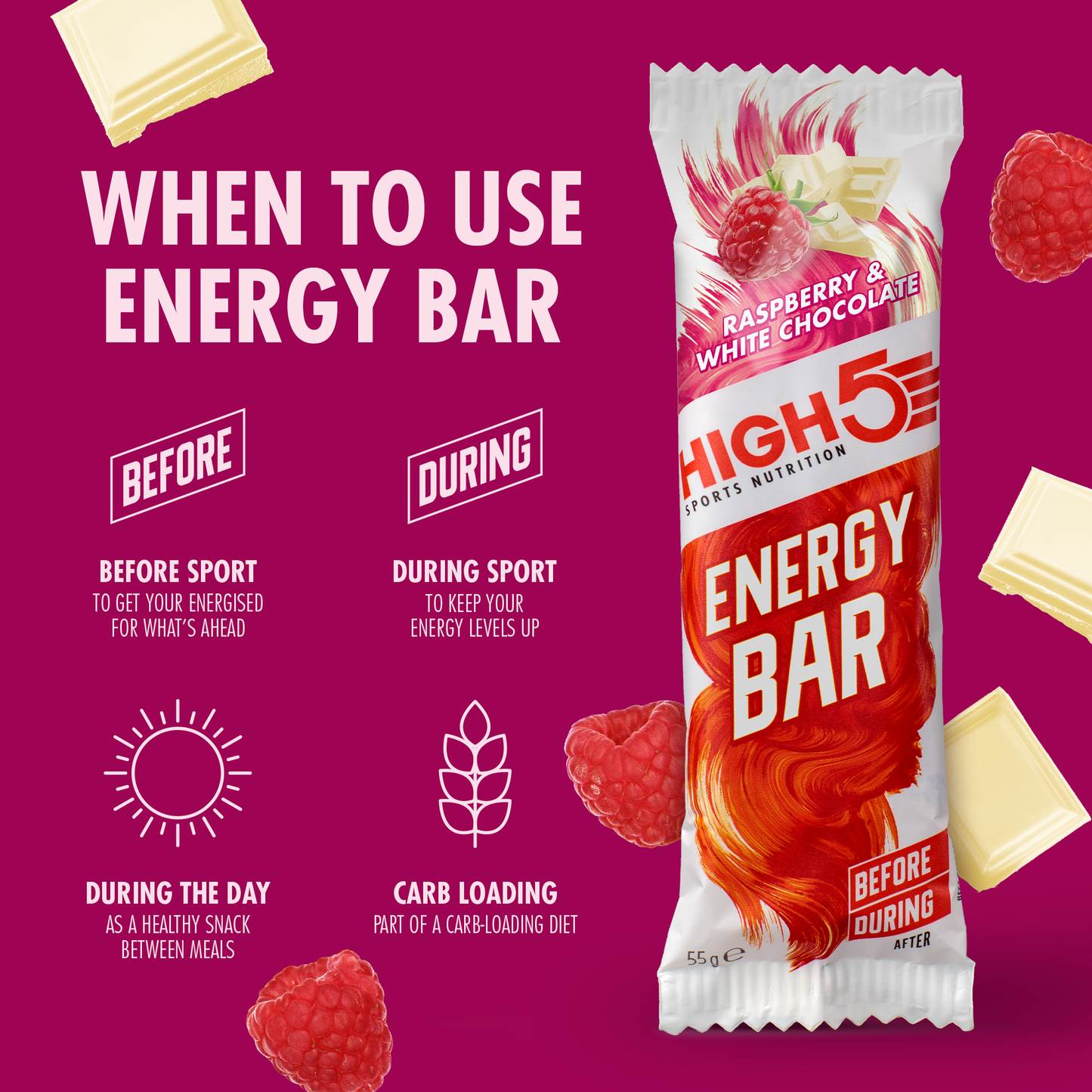 HIGH5 ENERGY BAR (55 g) Hindbær hvid chokolade
