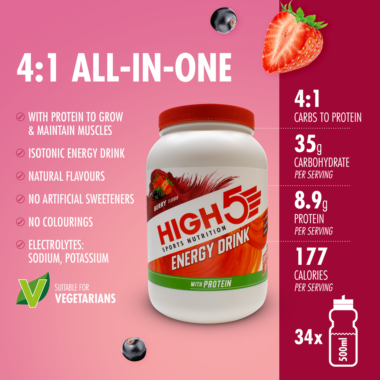 Energetický nápoj HIGH5 ENERGY DRINK PROTEIN (1,6 kg) Červené ovoce