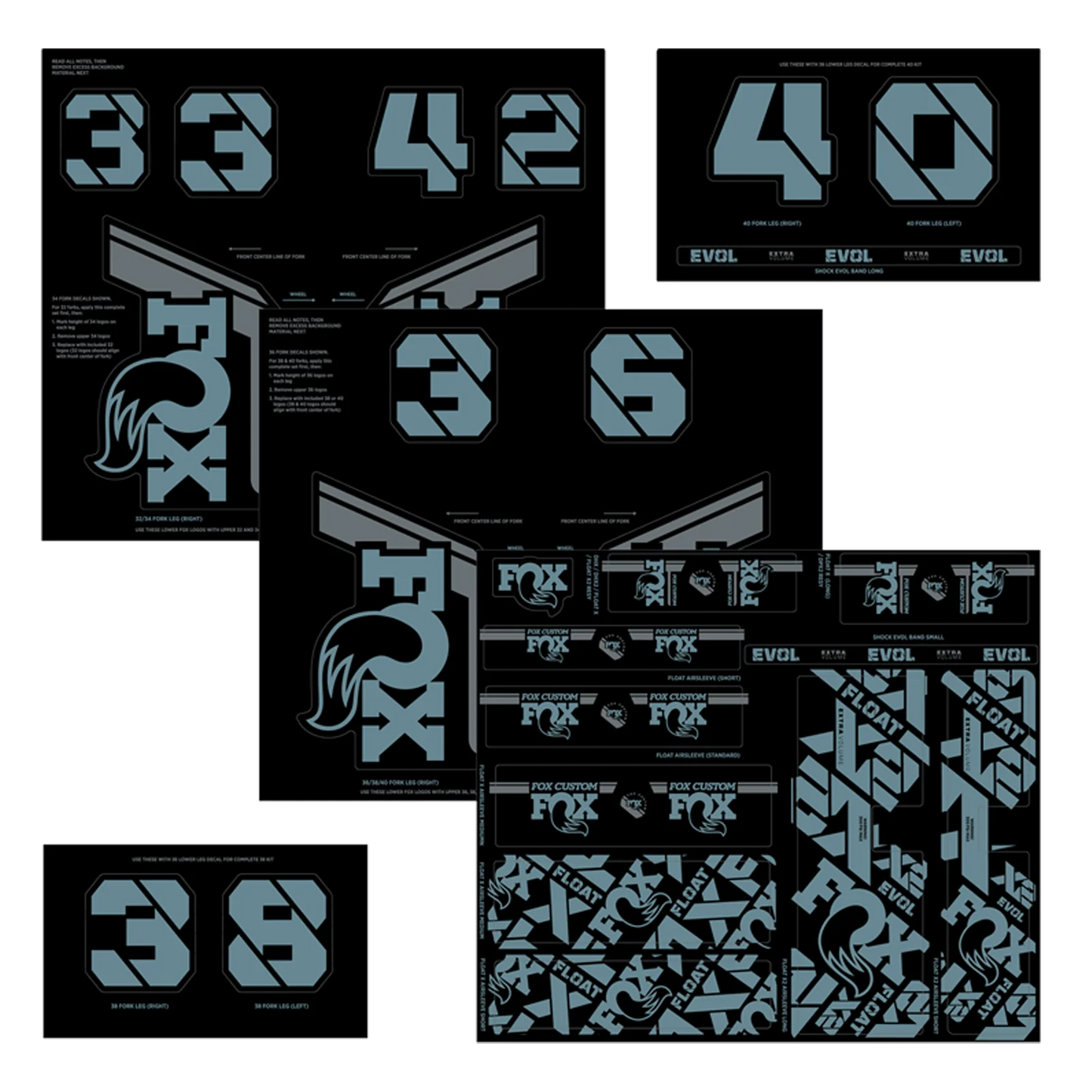 Zestaw niebiesko-szarych naklejek na widelec i amortyzator FOX