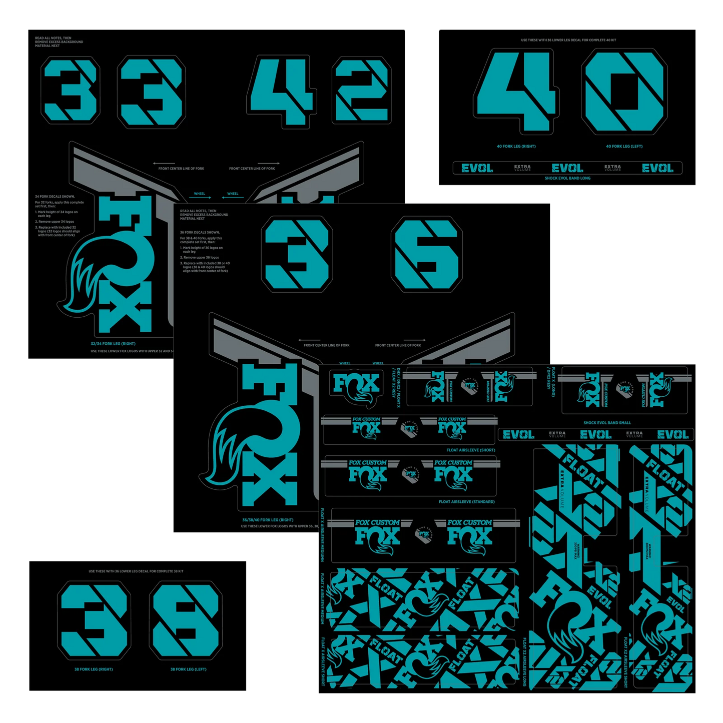 Turkusowy zestaw naklejek na widelec i amortyzator FOX