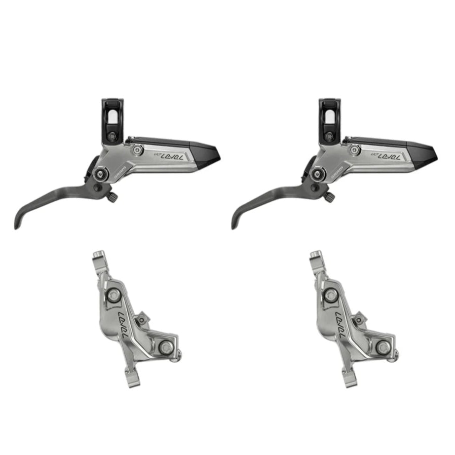Et par SRAM LEVEL ULTIMATE STEALTH 4-stemplede sølvbremser