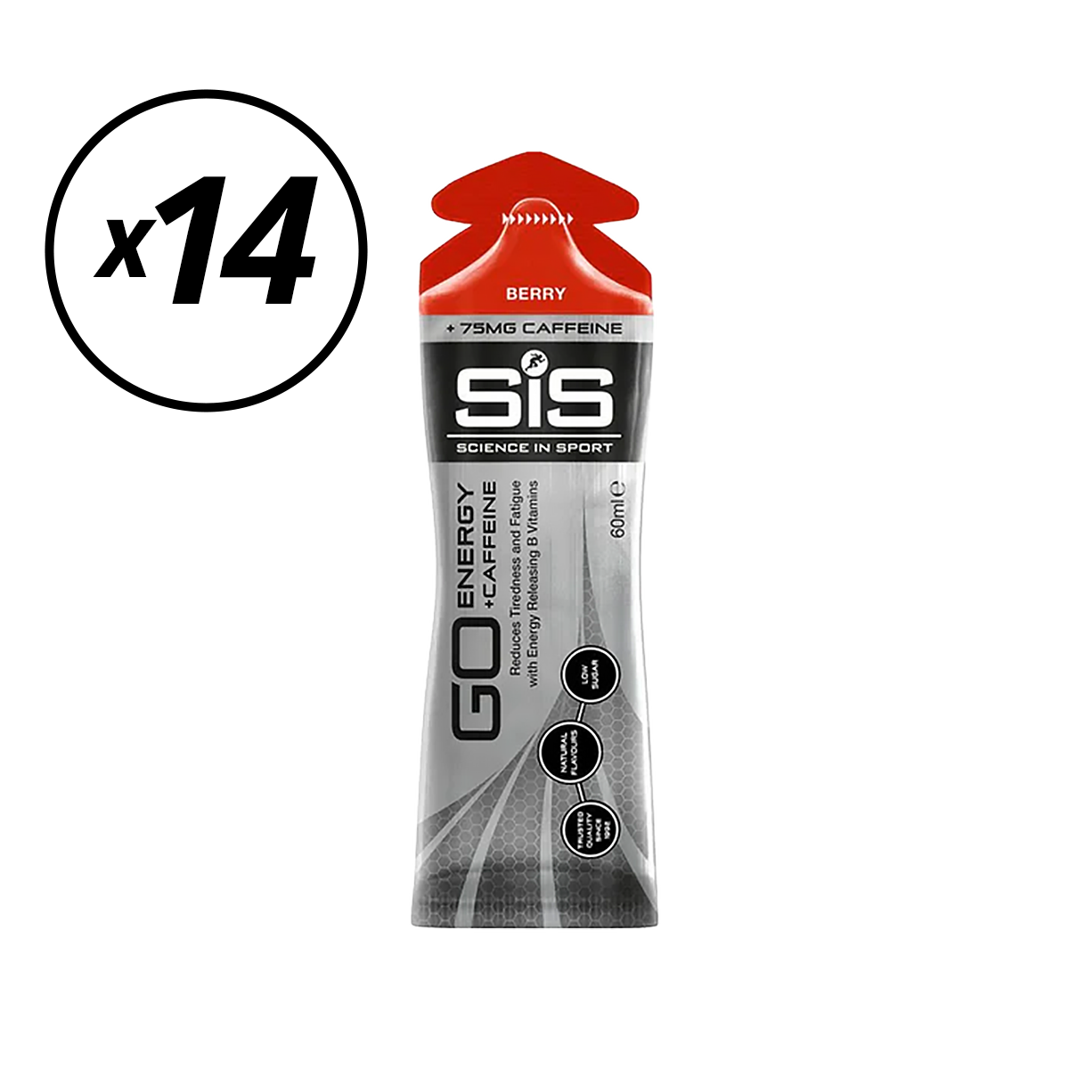 Pakke med 14 SIS GO ISOTONIC ENERGY koffeingeler (60 ml) Rød frugt med kort holdbarhed