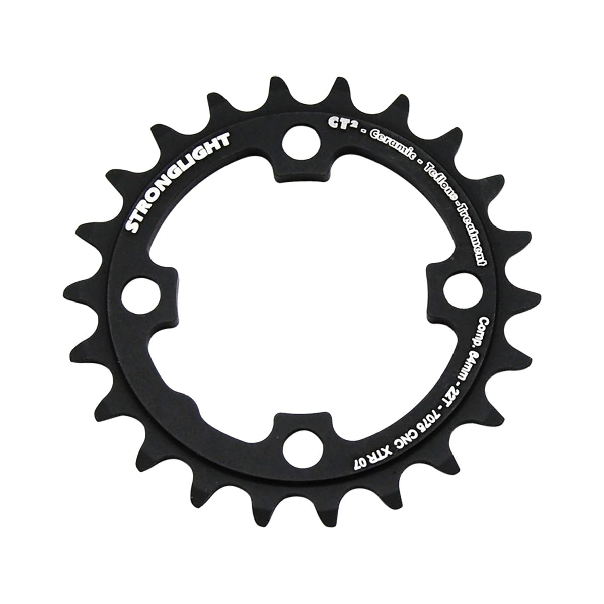 Plateau Intérieur STRONGLIGHT CT² SHIMANO XTR M970 9V 4 Trous 64mm — vue du plateau sur fond blanc