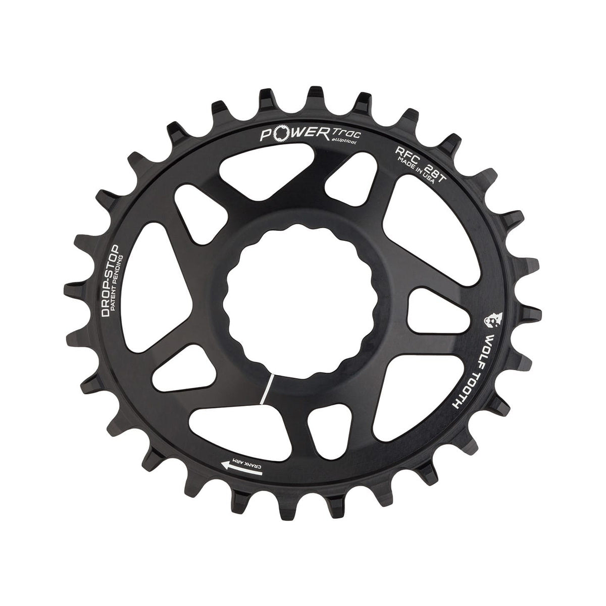 Plateau Mono Oval WOLF TOOTH ELLIPTICAL 9/10/11/12V Raceface CINCH Direct Mount Offset 6mm Noir — vue du plateau sur fond blanc