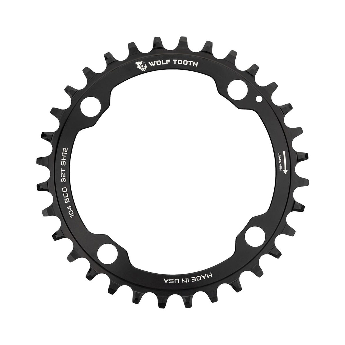 Plateau Mono WOLF TOOTH 104 BCD 12V Shimano 4 Trous 104mm Noir — vue du plateau sur fond blanc