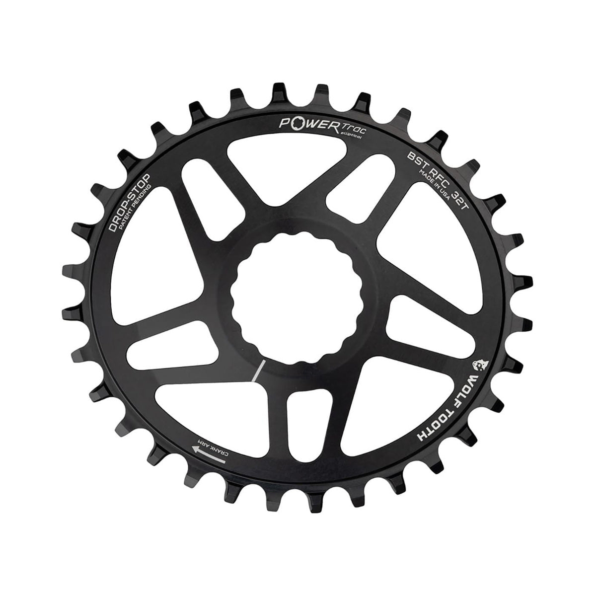 Plateau Mono Oval WOLF TOOTH ELLIPTICAL BOOST 12V Raceface CINCH Direct Mount Offset 3mm Noir — vue du plateau sur fond blanc