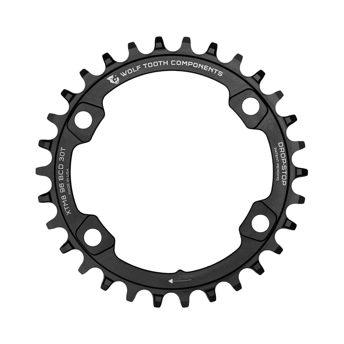 Plateau Mono WOLF TOOTH 96 BCD 11V Shimano XT M8000/SLX M7000 4 Trous 96mm Noir — vue du plateau sur fond blanc
