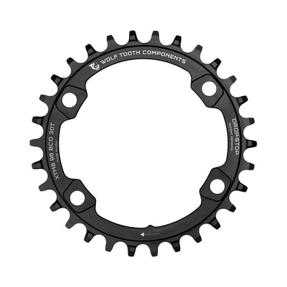 Plateau Mono WOLF TOOTH 96 BCD 11V Shimano XT M8000/SLX M7000 4 Trous 96mm Noir — vue du plateau sur fond blanc
