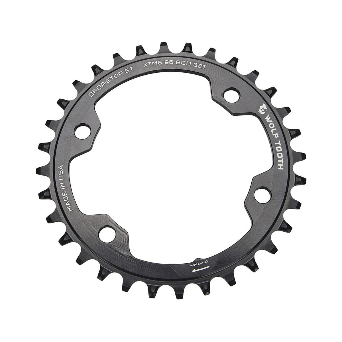 Plateau Mono WOLF TOOTH 96 BCD 12V Shimano 4 Trous 96mm Noir — vue du plateau sur fond blanc