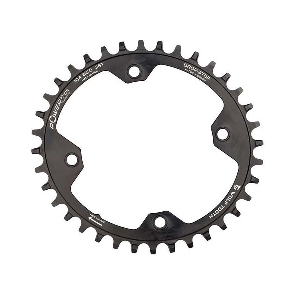Plateau Mono Oval WOLF TOOTH ELLIPTICAL 104 BCD 12V Shimano 4 Trous 104mm Noir — vue du plateau sur fond blanc