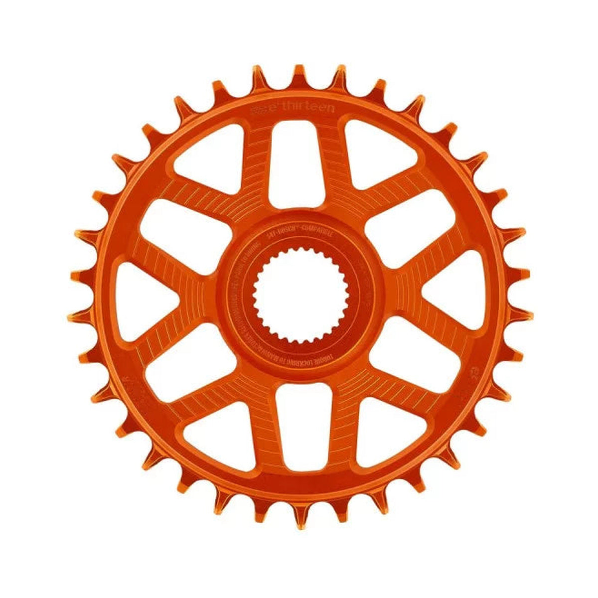 Plateau Mono E-THIRTEEN HELIX RACE E-SPEC 11/12V Direct Mount Bosch Gen4 Offset 13mm Orange — vue du plateau sur fond blanc