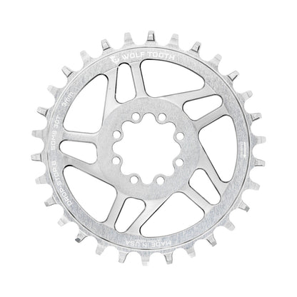 Plateau Mono WOLF TOOTH DROP-STOP B DM 8 Vis Sram Eagle Boost Offset 3mm Raw Silver — vue du plateau sur fond blanc
