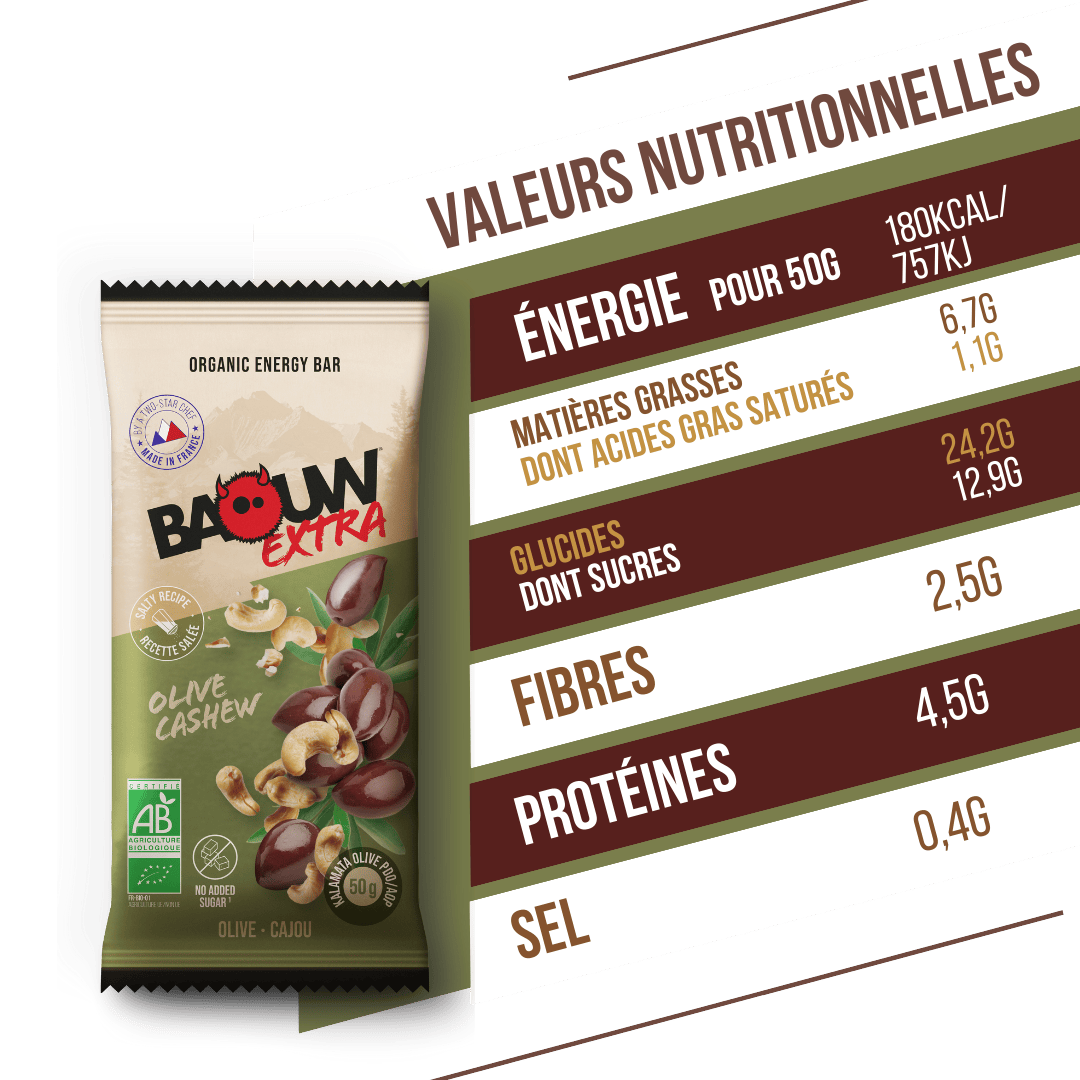 Energetická tyčinka BAOUW ORGANIC EXTRA solená olivovo-kešu (50g)