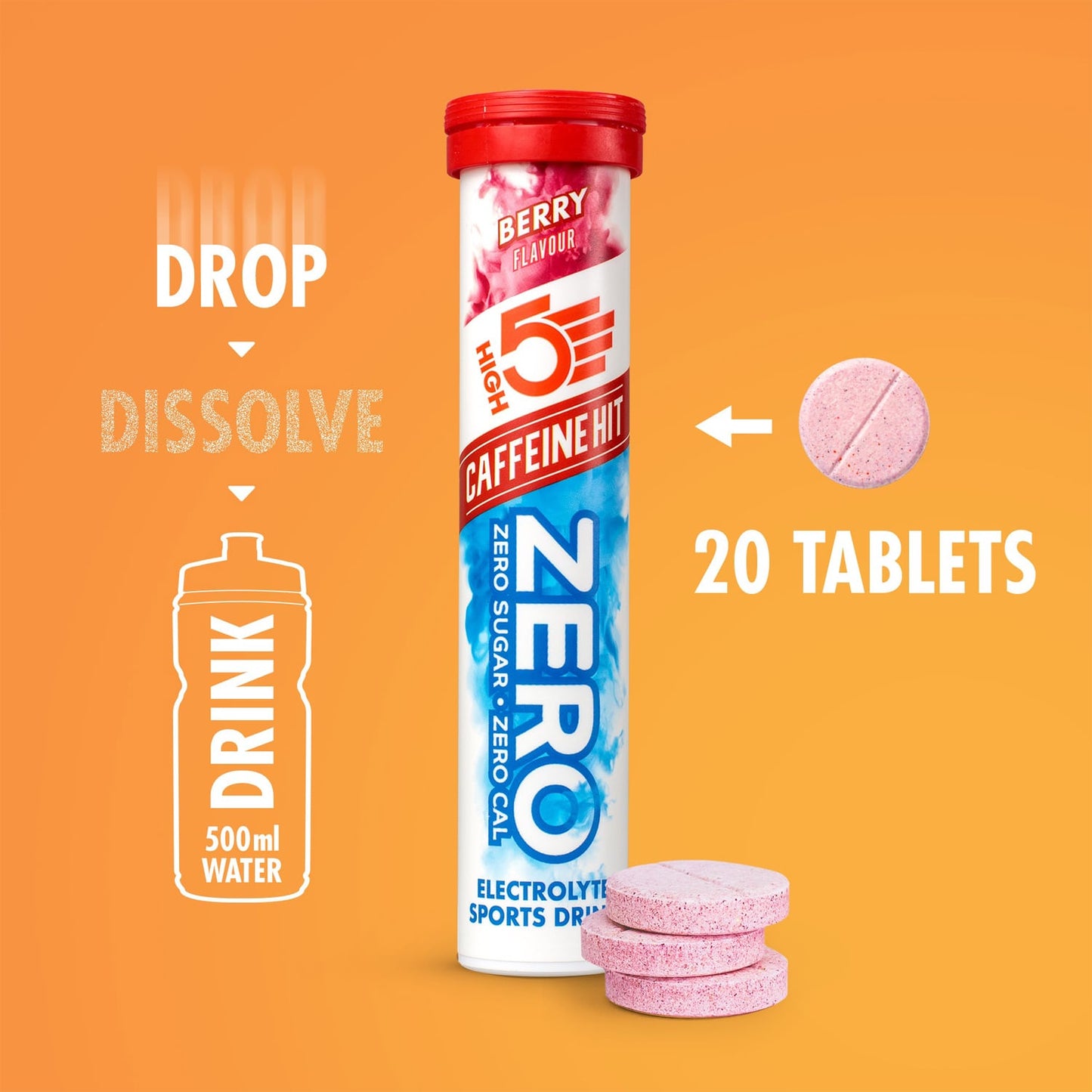 Boisson Anticrampe HIGH5 ZERO Caffeine Hit Tube de 20 Pastilles Fruits Rouge