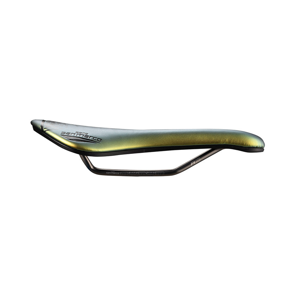 Selle SAN MARCO ASPIDE SHORT OPEN-FIT RACING S3 Largeur 139mm Rails Acier Xsilite Or