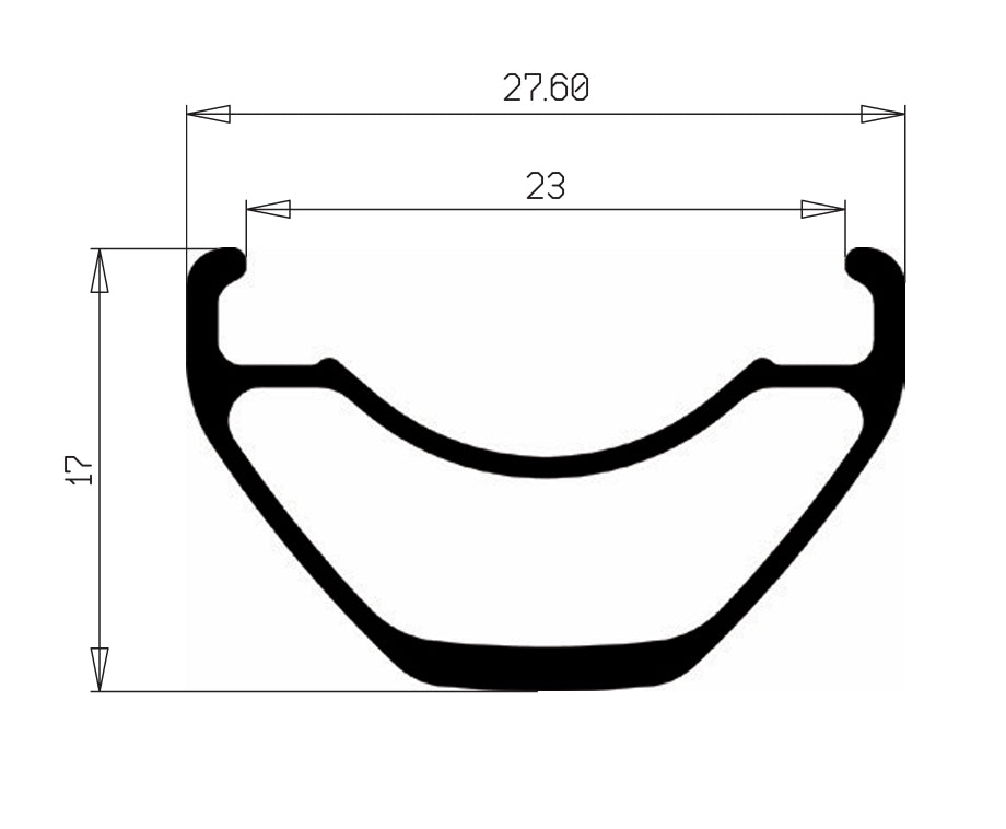 Profil de la jante HOPE FORTUS 23 W : largeur externe 27,6 mm, largeur interne 23 mm, hauteur 17 mm