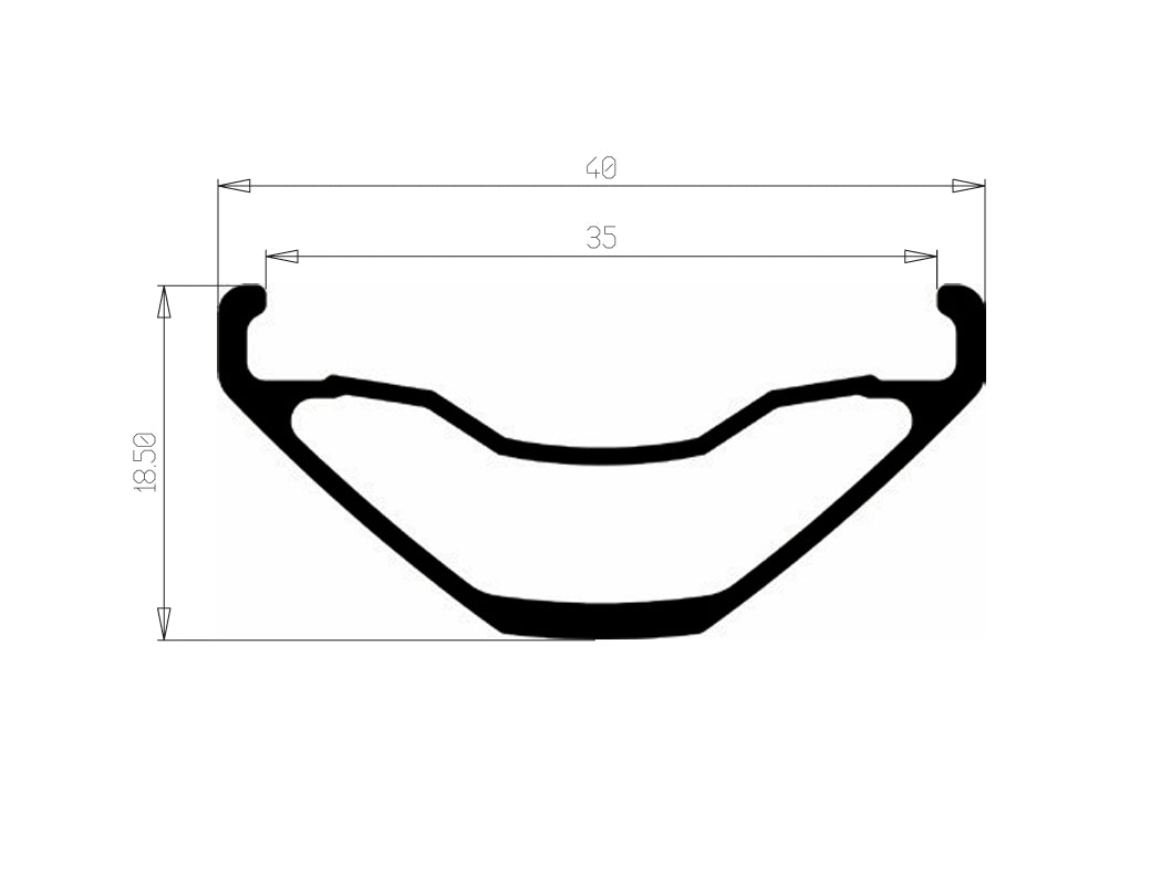 Profil de la jante HOPE FORTUS 35 W : largeur externe 40 mm, largeur interne 35 mm, hauteur 18,5 mm