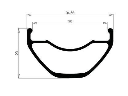 Profil de la jante HOPE FORTUS 30 W SC : largeur externe 34,5 mm, largeur interne 30 mm, hauteur 20 mm
