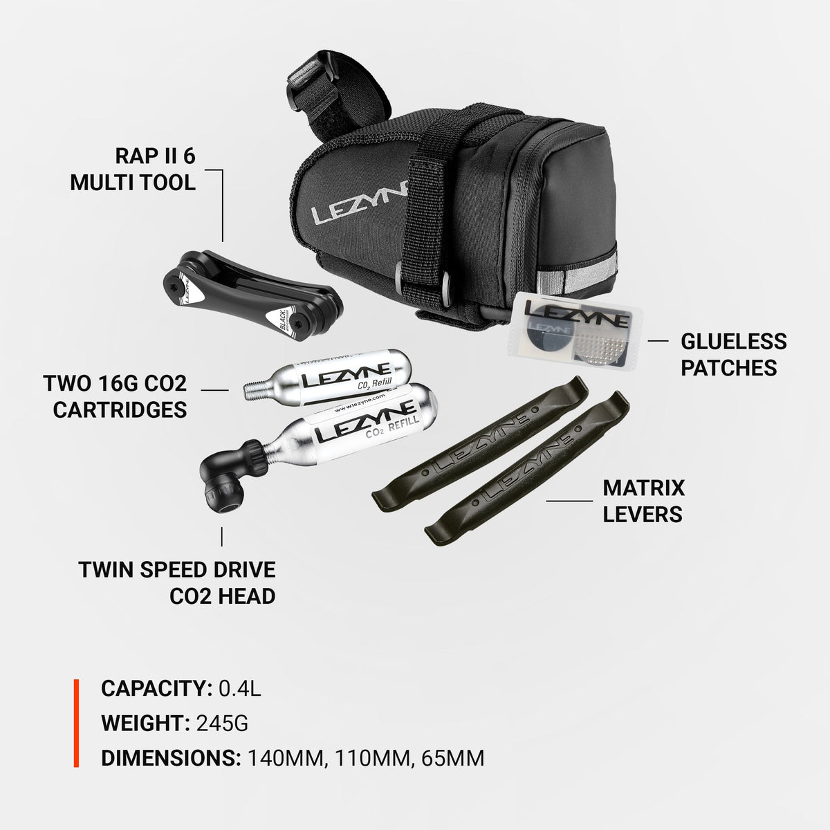 Sacoche de Selle LEZYNE Caddy Noir avec Kit CO2