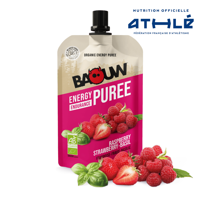BAOUW Organic Recipe Energy Purée med hindbær/jordbær/basilikumfrugt (90 g)
