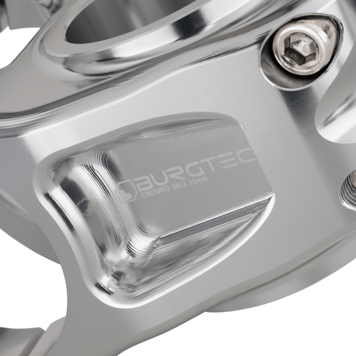 Potence BURGTEC ENDURO MK3 Argent — détail du corps usiné