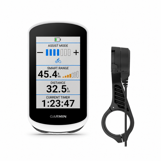 PACK GPS GARMIN EDGE EXPLORE 2 POWER avec Support Alimenté — présentation du pack et de ses accessoires, sur fond blanc