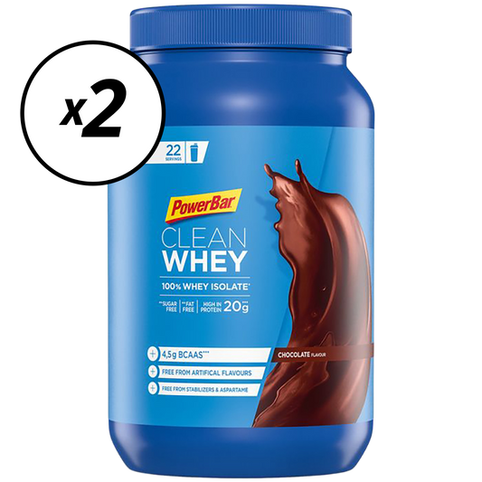 Pakke med 2 POWERBAR CLEAN WHEY 100% isolat proteindrikke (570 g) Chokolade Kort holdbarhed
