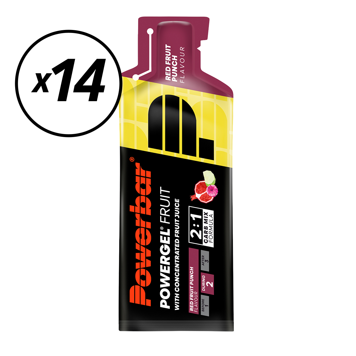 Förpackning med 14 POWERBAR POWERGEL FRUIT Energy Gels (41gr) Röd frukt Kort hållbarhetstid