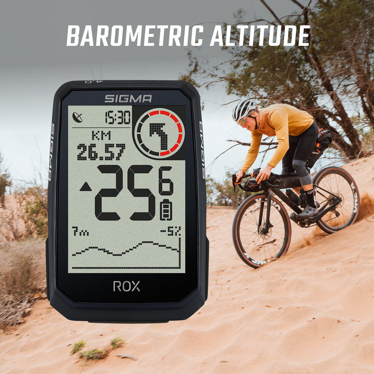 Compteur GPS SIGMA ROX 4.0 ENDURANCE Noir — altimètre barométrique et données d’altitude, illustration constructeur