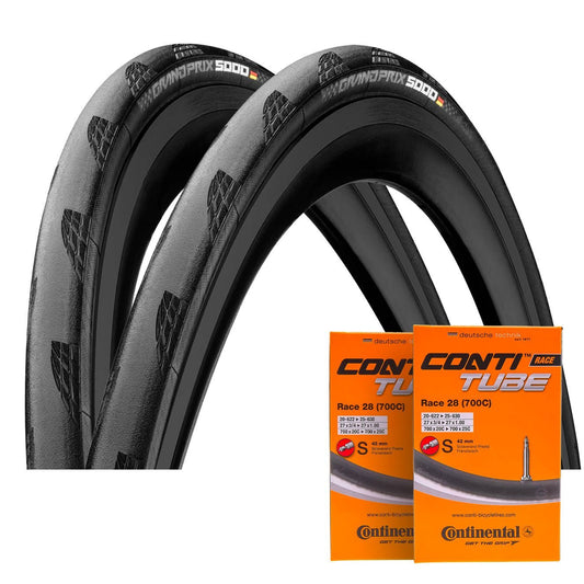 Paire de Pneus CONTINENTAL GRAND PRIX 5000 700x25c TubeType Souple Noir + Paire de Chambres à Air CONTINENTAL RACE 700x20/25c Presta 60mm